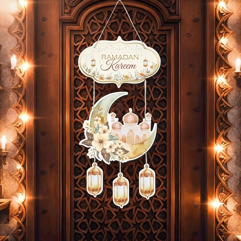 Lantern Welcome Sign Diy Ramadan Door Hanger Eid Mubarak Hanging Sign Gold Moon Castle Decoration For Islamic Festival Party