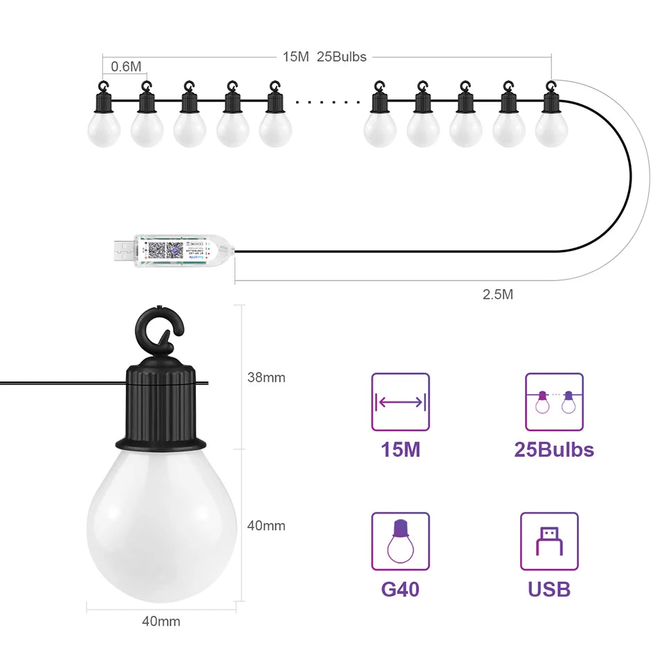 Smart WIFI and Bluetooth G40 LED Bulb String 15M/30M USB Festoon Fairy Lights Room Outdoor Garden Camping Decor Garland Light