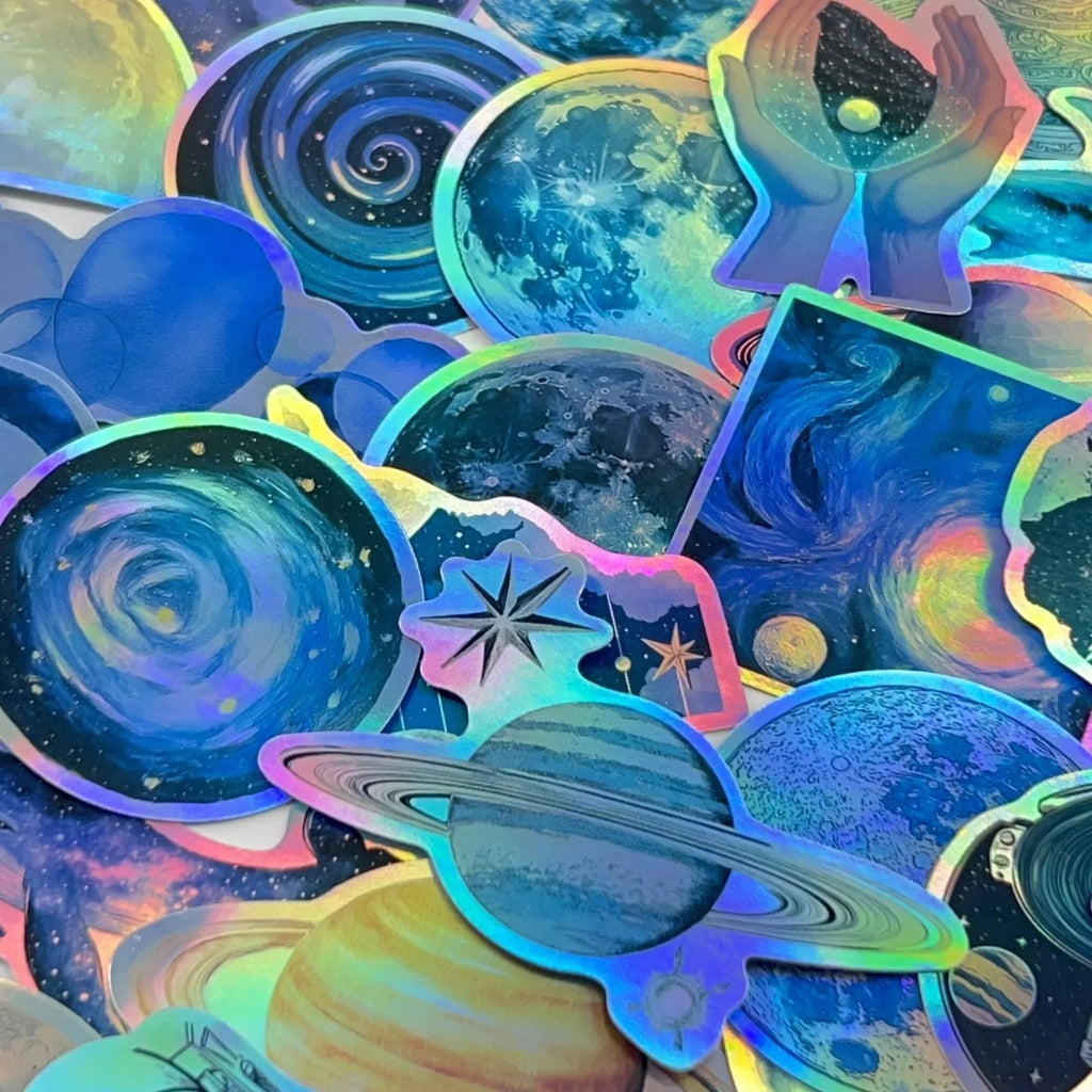 50PCS Cool Dark Blue Laser Outer Space Universe Planets Stickers Aesthetic DIY Laptop Phone Luggage Decals Sticker Kids Toy