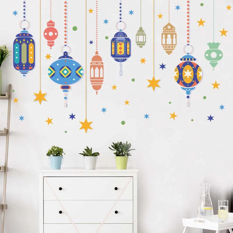 Ramadan Kareem Wall Stickers Moon Star Lantern Wall Decal 2024 Eid Mubarak Decorations for Home Muslim Islamic Party Decorations