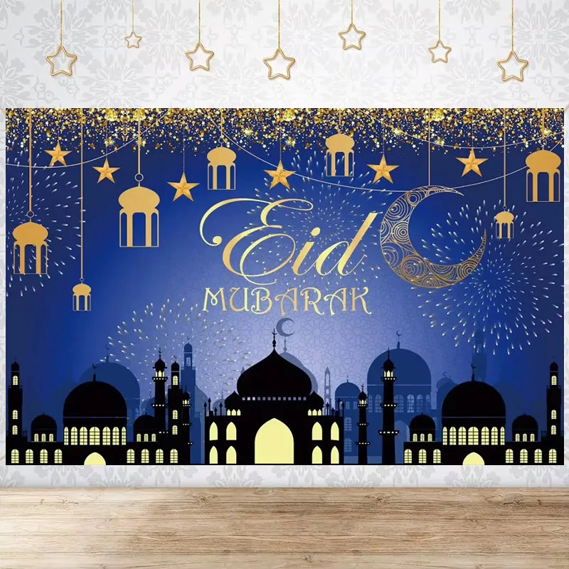 Happy EID Ramadan Festivals Mosque Moon Lantern Mubarak Poster Party Decoration Banner Photo Background Photography Prop Supply