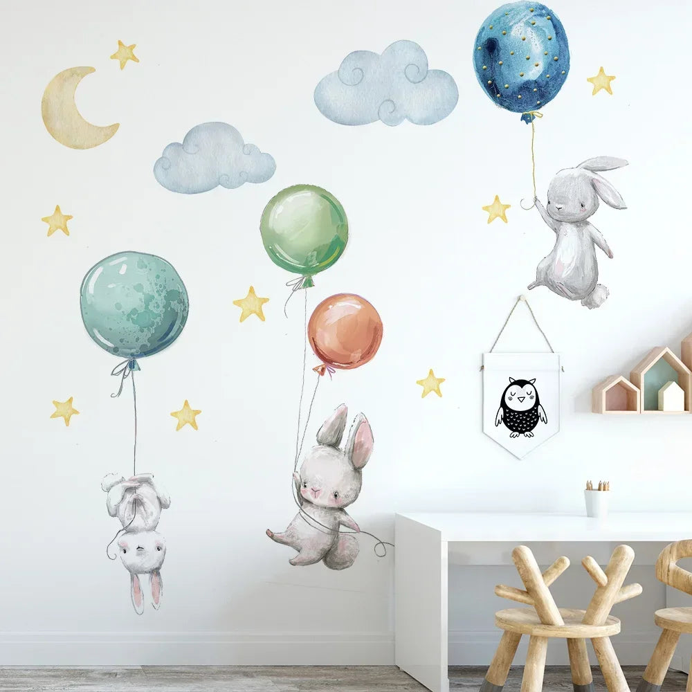 Flying Rabbits Wall Stickers Cute Lovely For Kids Balloons Moon Star Cloud Removable Decal Nursery Baby Room Decor Poster Mural