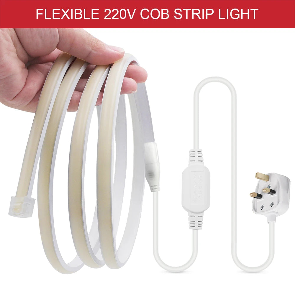 COB LED Strip Neon Light 220V EU UK Plug 288LEDs/M RA90 Flexible Tape Waterproof Led Ribbon for Kitchen Outdoor Garden Lighting