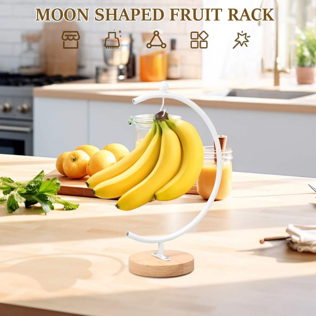 Banana Holder Stand Moon Shape Banana Hanger Rack Metal Fruit Hanger with Wood Base Stable Banana Hanger Stand Decorative
