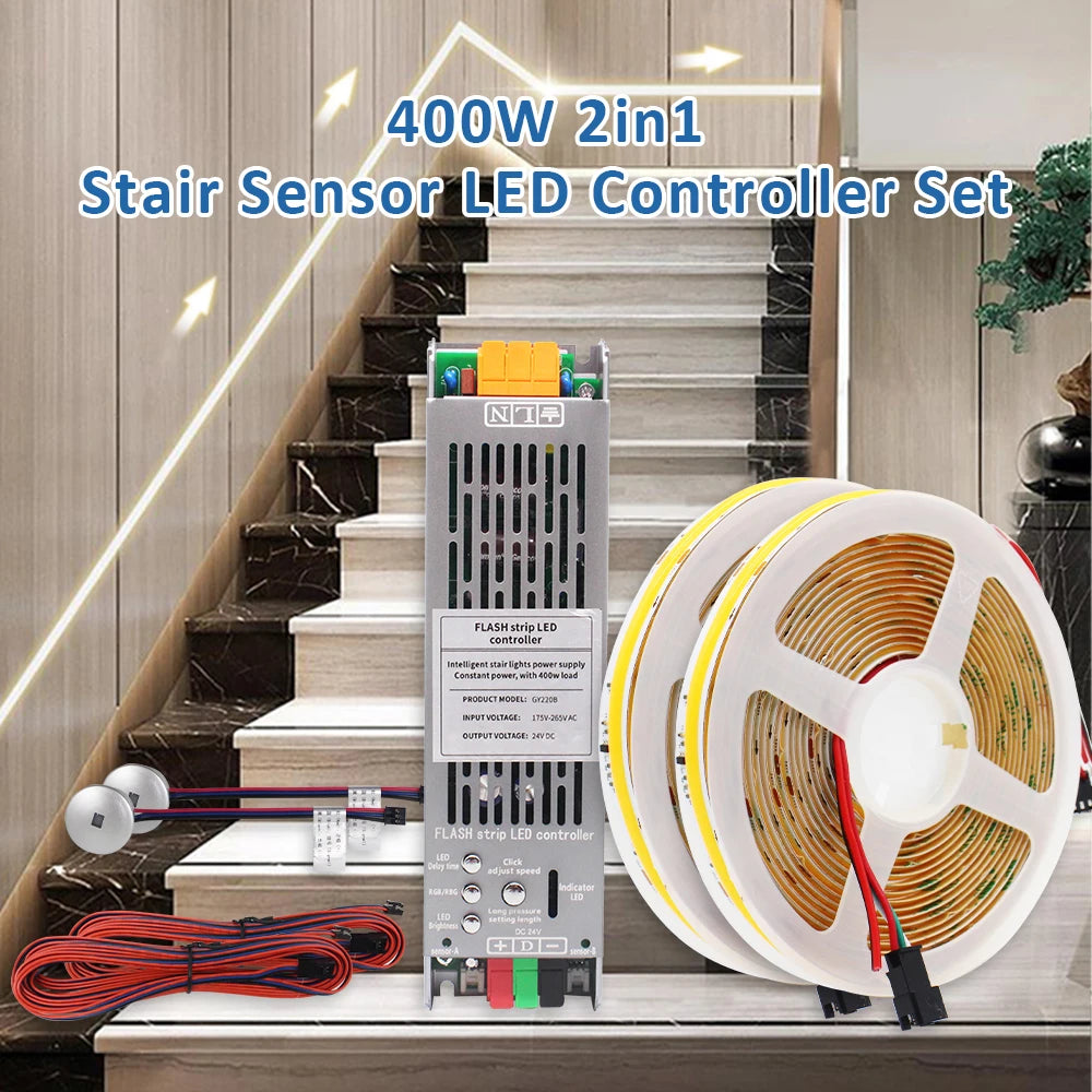 5M 10M 15M WS2811 COB Running Water Strip Light for 24V 400W PIR Motion Sensor LED Stair Controller Staircase Lighting Decor