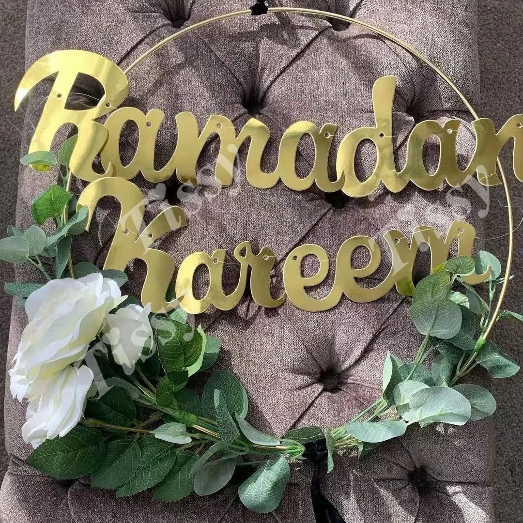 DIY Eid Mubarak Wreaths with Artificial Flower Leaves for Ramadan Kareem Islam Party Decoration Muslim Home Wall/Door Decor