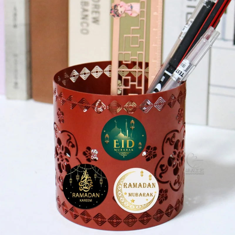 500pcs/roll Middle East Ramadan Stickers Arabic Eid Moon Oil Lamp Gift Envelope White Green Gold Seal Stickers Southeast Asia