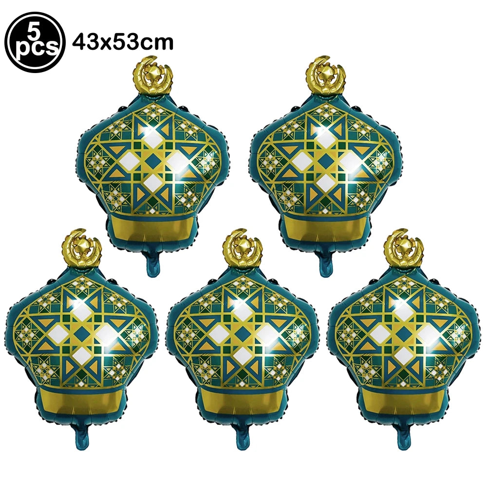 5pcs Eid Mubarak Balloons Decors Ramadan Lantern Moon Star Shape Moon Castle Pattern Foil Balloons Islamic Muslims Party Supplie