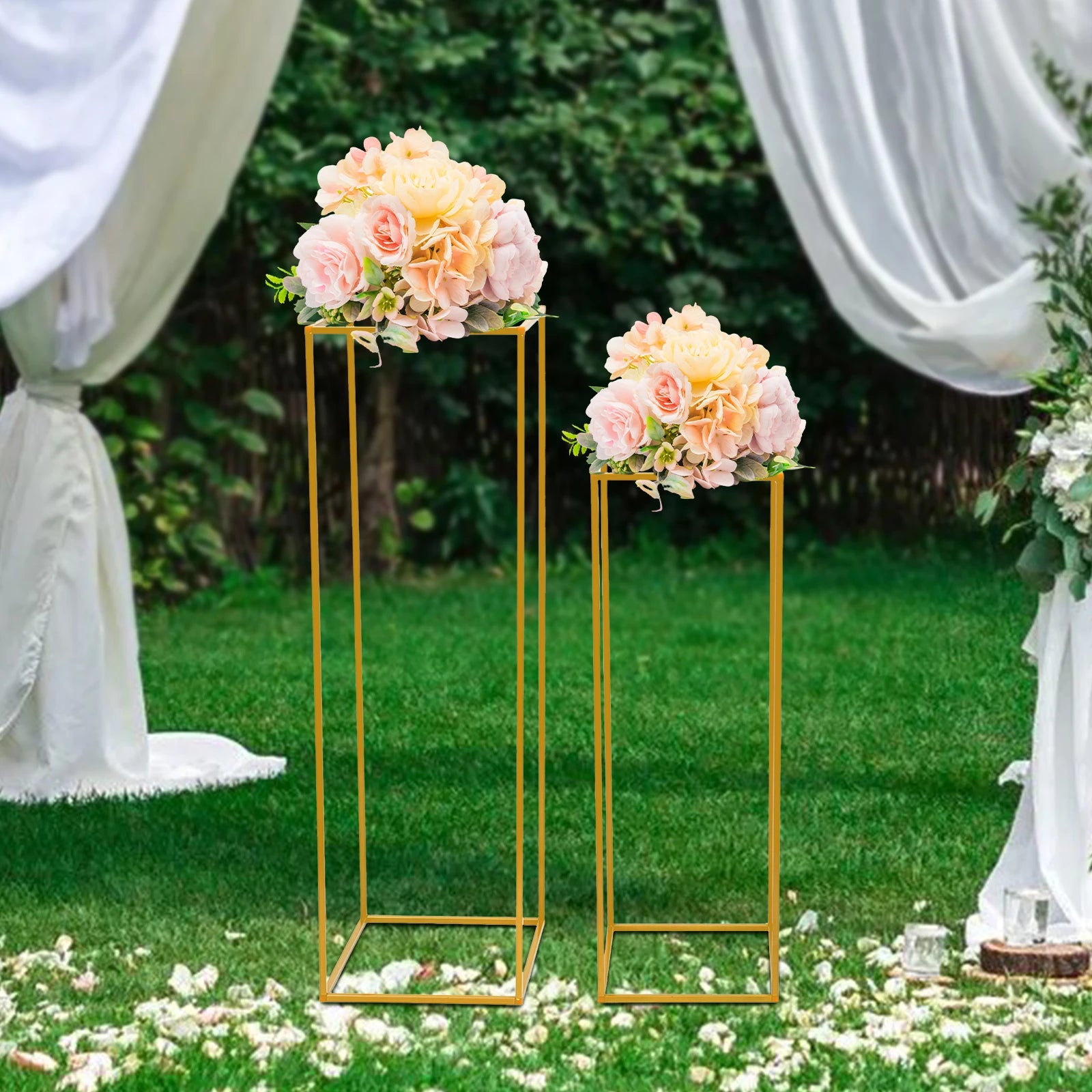 2Pcs Tabletop Flower Stands Metal Square Floral Decor Vase Floor Column Holder Gold Display Rack Road Guide for Wedding Party