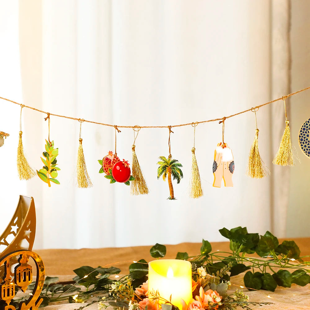 Ramadan Kareem Hanging Garland Islamic Camel Pomegranate Palm Moon Star Decor for Muslim Festival Home Party Wall Ornament Gifts
