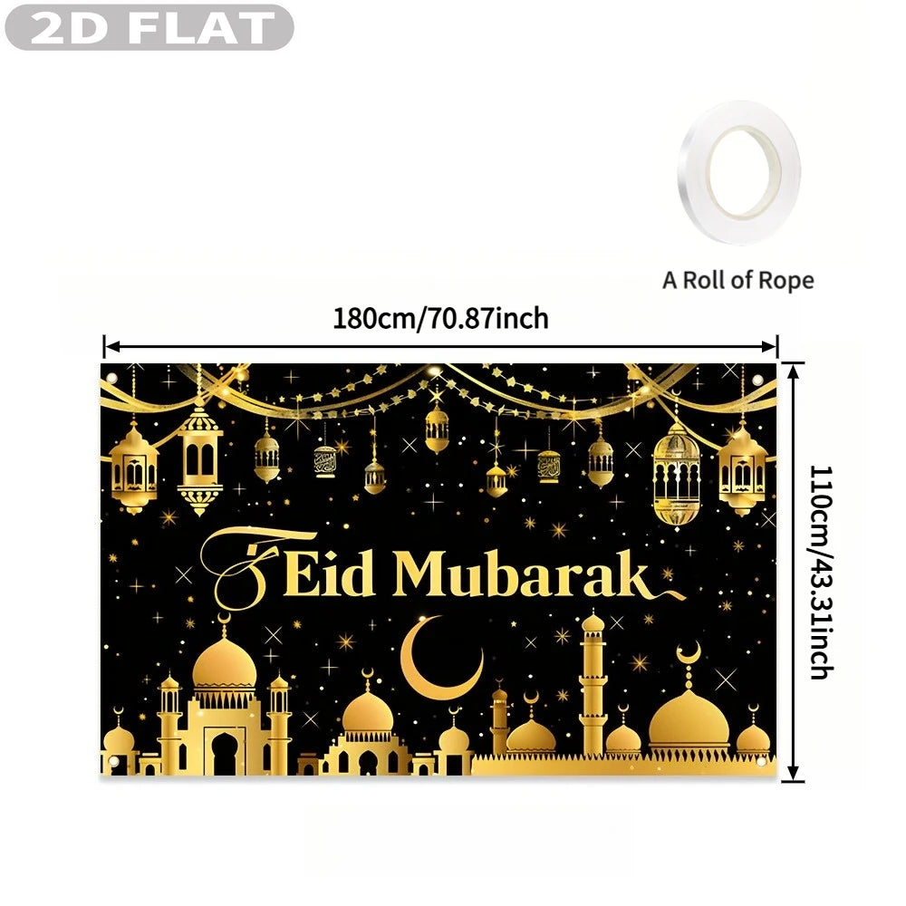 1pc Ramadan Banner Party Photo Booth Props, 70.8x43.3 Inch Polyester Material, Eid Al Fitr Party Banner Background Decor Banner