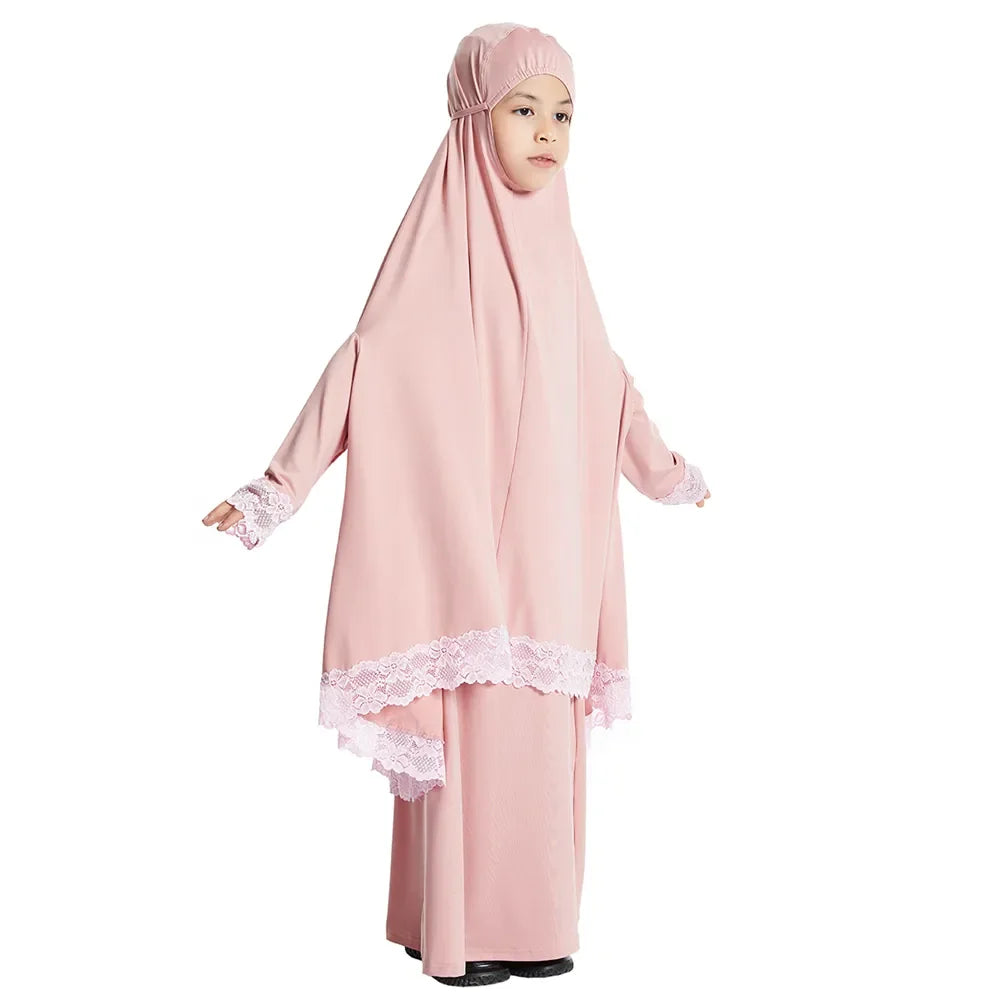 Muslim Kids Girls Hijab Dress Ramadan Khimar Skirt Set Overhead Eid Prayer Garment Burqa Abaya Robe Kaftan Hooded Gown