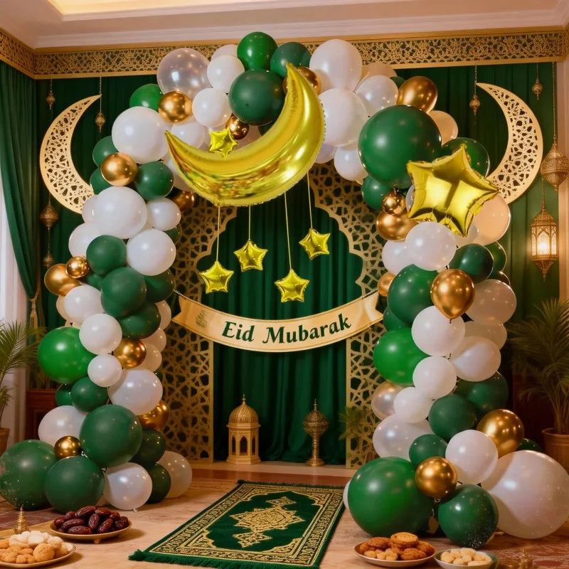 106Pcs Eid Mubarak Balloon Arch Kit, Dark Green Platinum Latex Balloons, with Moon Star Foil Balloon Decorations, for Ramadan Festival Party Decorations Eid Celebration Decorations