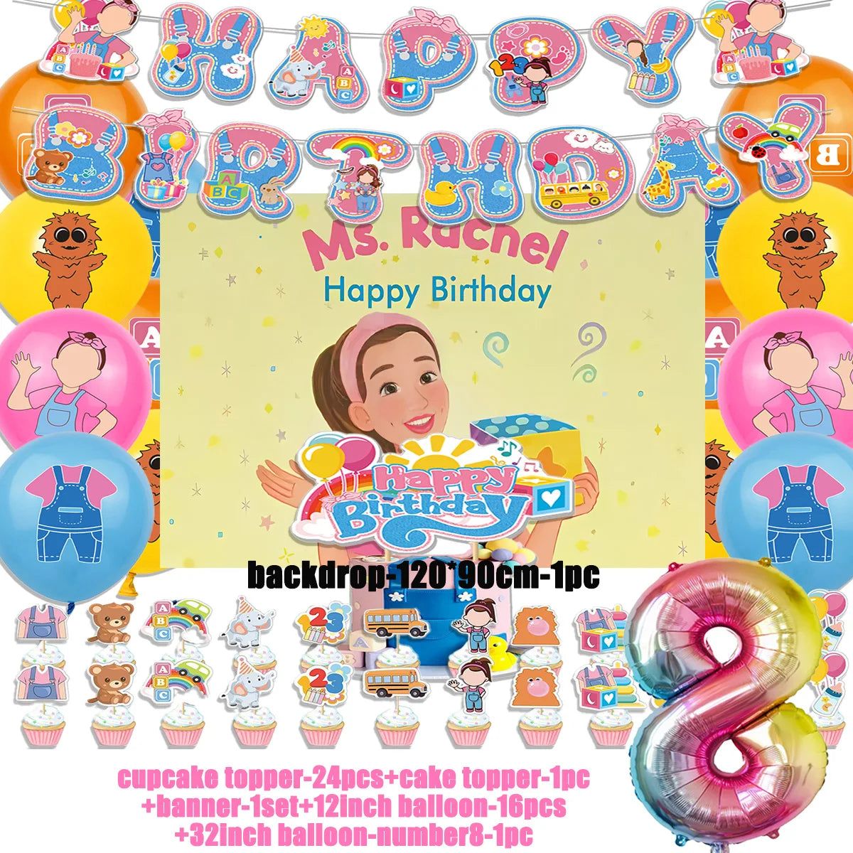 Cartoon English Teacher Theme Child Birthday Party Decor Ms&Racheled Balloon Banner Backdrops Cupcake Toppers for Kids Gifts