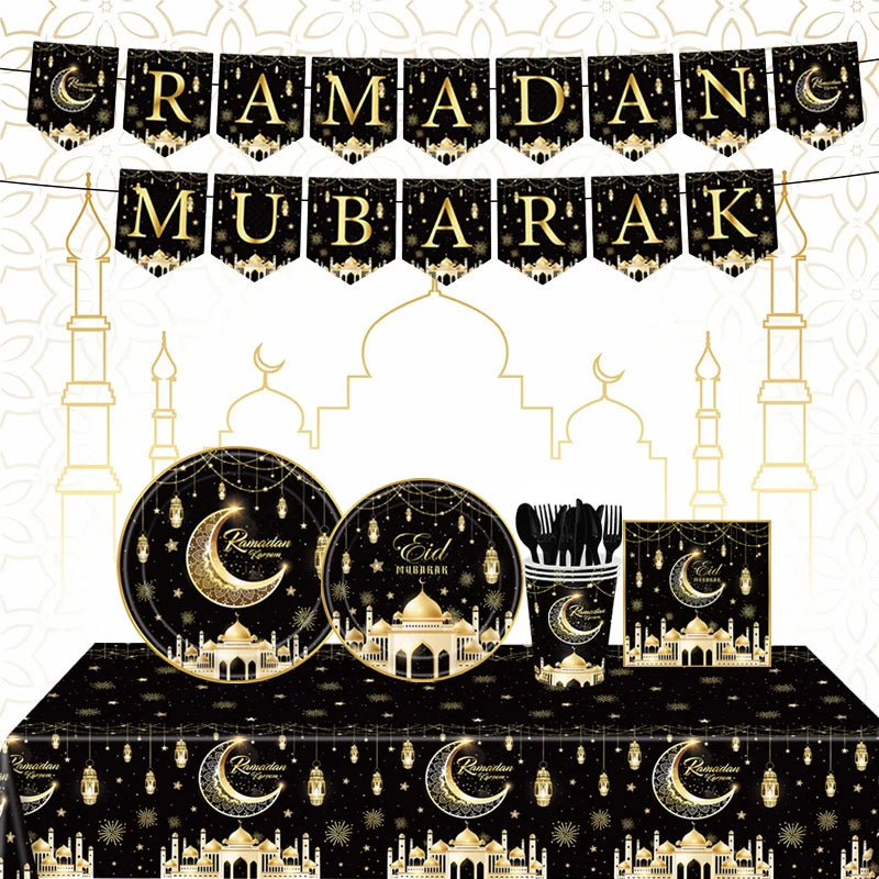 Eid Mubarak Party Tableware Set Disposable Plates Napkins Banner Tablecloth Ramadan Decorations Islamic Muslim Party Supplies