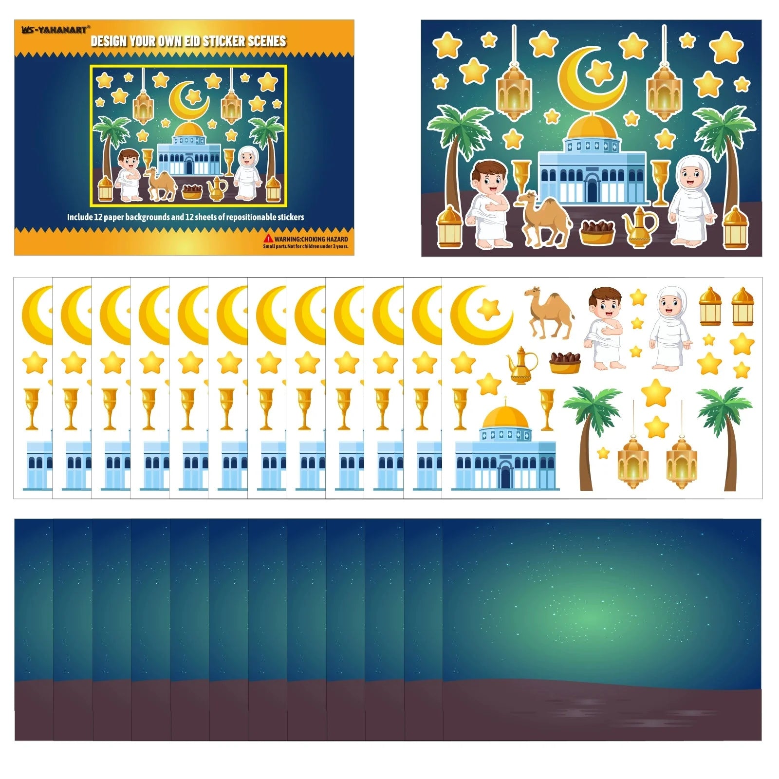 12Sheets Eid Mubarak DIY Stickers Kids Puzzle Game Toys Islam Muslim Party Supplies 2026 Ramadan Home Decoration Wall Sticker
