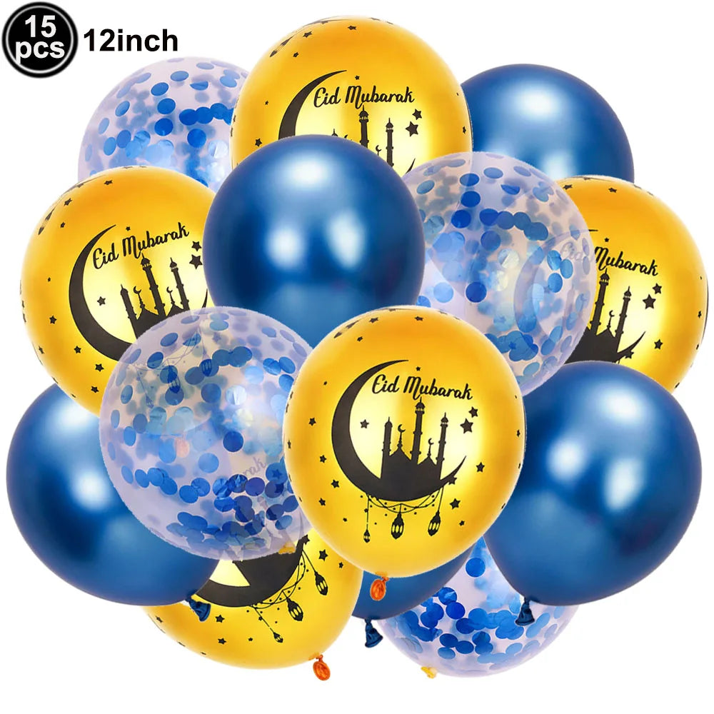 12inch Eid Mubarak Party Decorations Happy Eid al-Fitr Latex Balloons Gold Purple Black Moon Castle Print Confetti Balloons