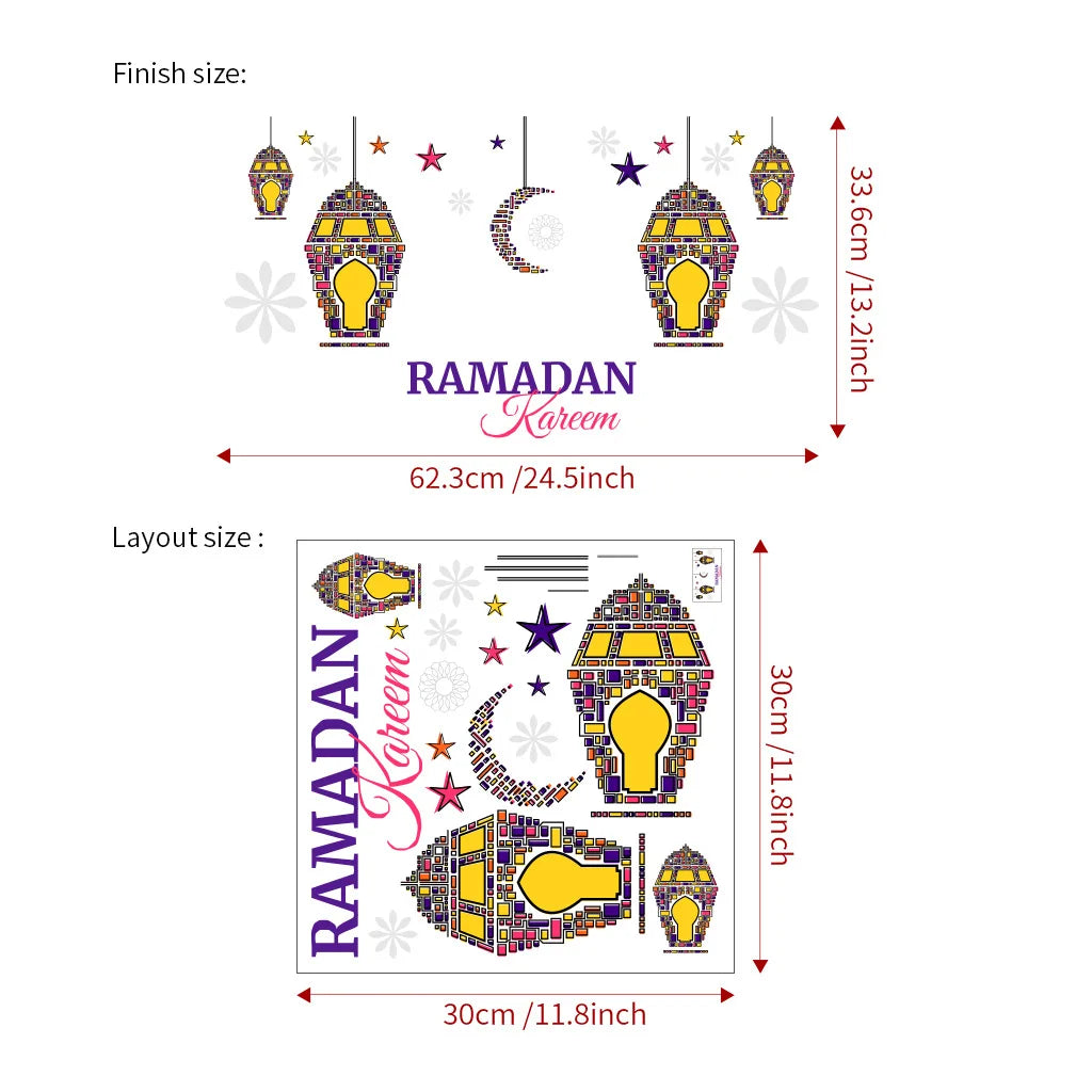 Eid Mubarak Moon Star Lantern Wall Stickers Ramadan Kareem Wall Window Decals Muslim Islamic Decorations Ramadan Home Decor