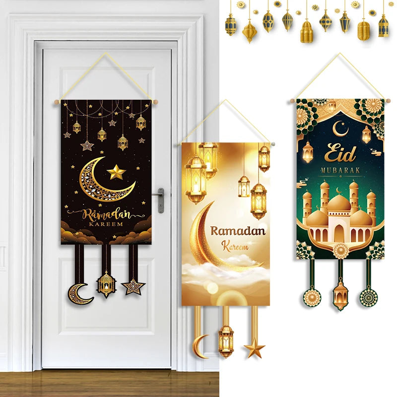 Eid Mubarak Decorations Ramadan Kareem Hanging Door Sign Ramadan Hanging Flag Welcome Wall Banner Eid Al-Fitr Party Supplies