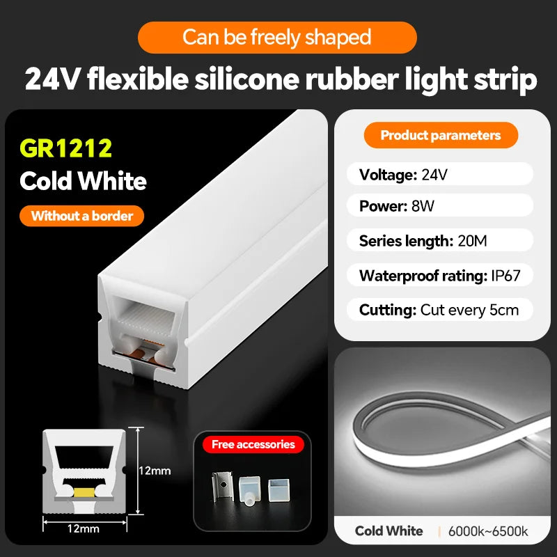 LED silicone light strip, linear light strip, embedded, 24V, waterproof, flexible, curved shape light