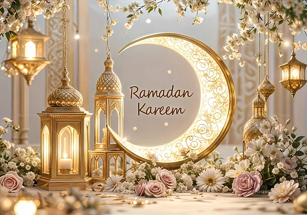 2D Ramadan Golden Crescent Moon Backdrops Eid Mubarak Party Decor Photography Background Banner Studio Photo Booth Props