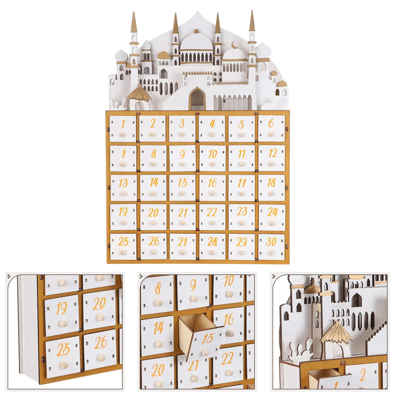 Wooden Ramadan Calendar with 30 Drawers LED Illuminated Countdown for Eid Celebration Home Decor Islamic Party Decoration
