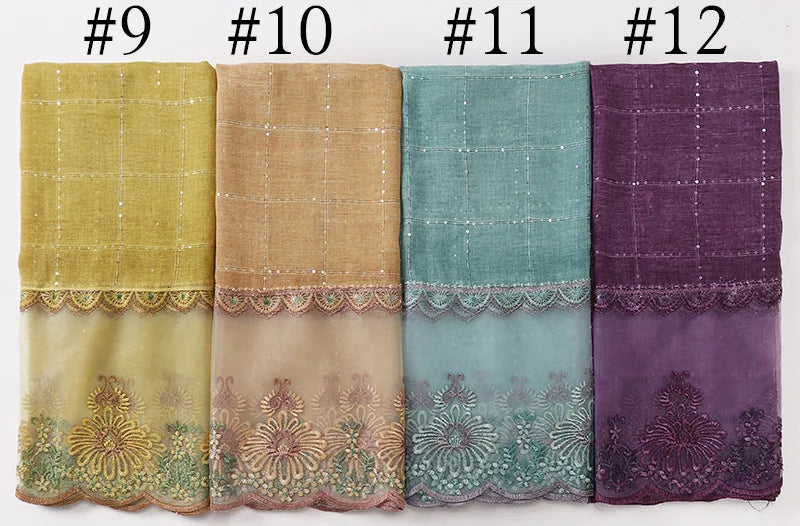 New Designers Lace Scarf Women Luxury Hijabs for Woman Bandana Shawl Veil Comfort Wear Paillette Embroidery Scarves Wrap Hijabs
