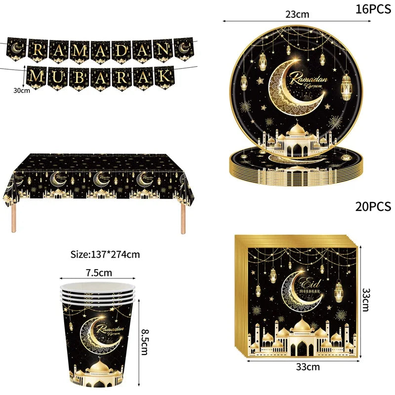 Ramadan Tableware Decorations Moon Star Party Supplies Hanging Cloth Eid Mubarak Banner Eid Plates Cups Tableware Decorations