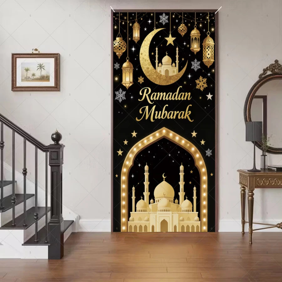 Ramadan Eid Door Cover Backdrop Supplies Moon Mosque Background Islamic Muslim Festival Theme Party Decoration Photography Props