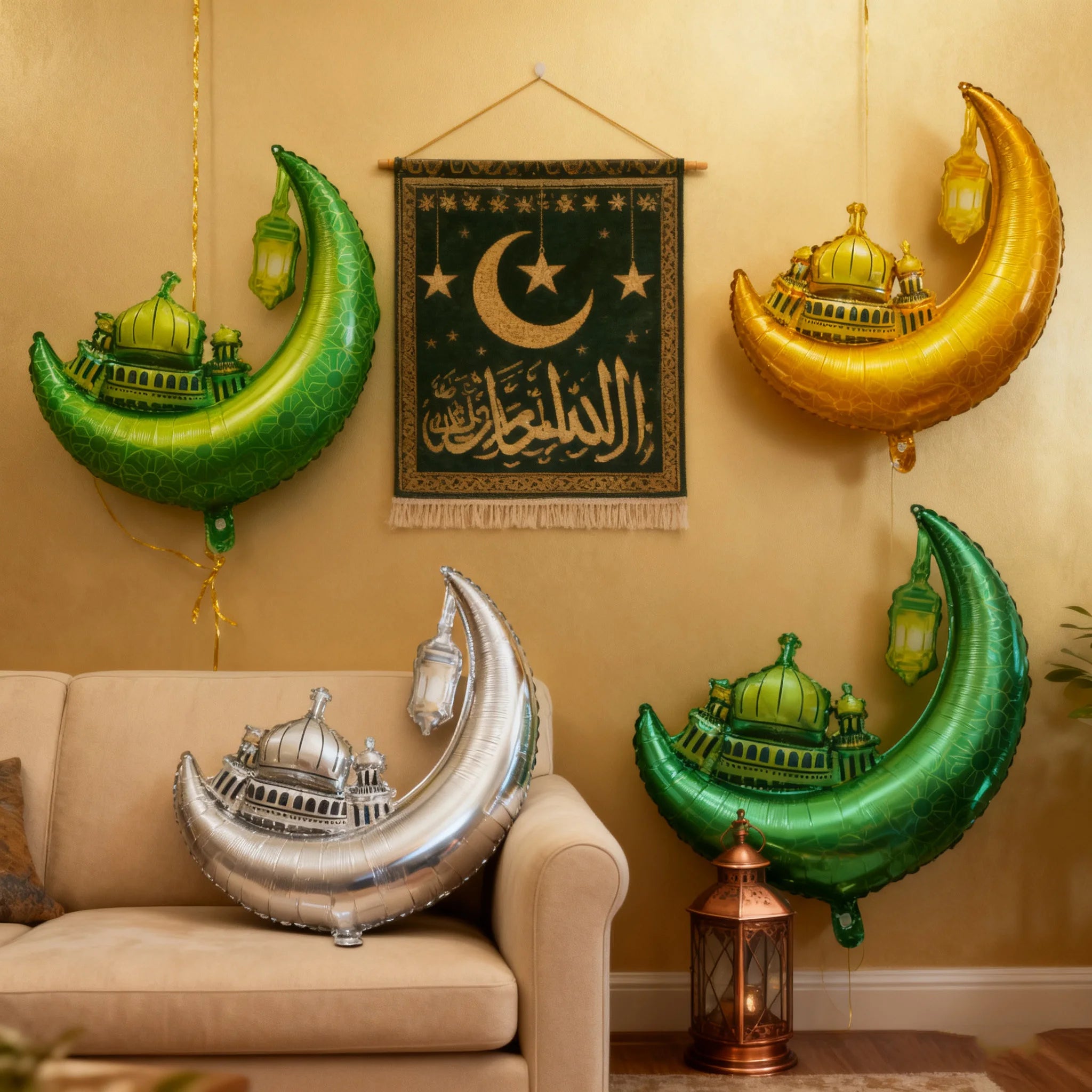 2Pcs Ramadan Mubarak Decoration Star Moon Foil Balloons Eid Mubarak Balloons Set Muslim Islamic Festival Party Decoration