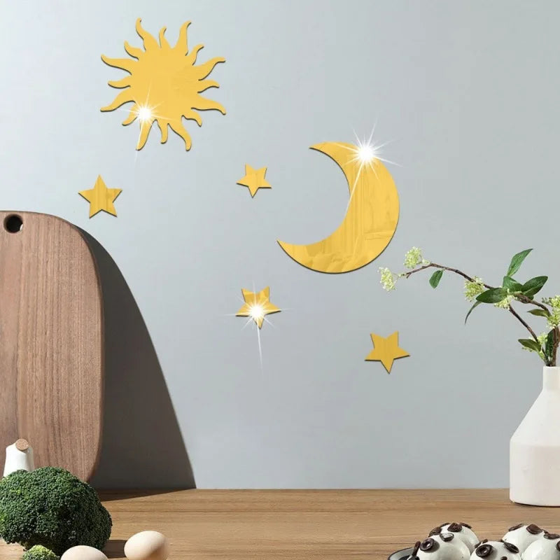 6pcs Star & Moon Combination Mirror Wall Sticker for Bedroom and Living Room - Ramadan Kareem, Holiday, Birthday Party Supplies,