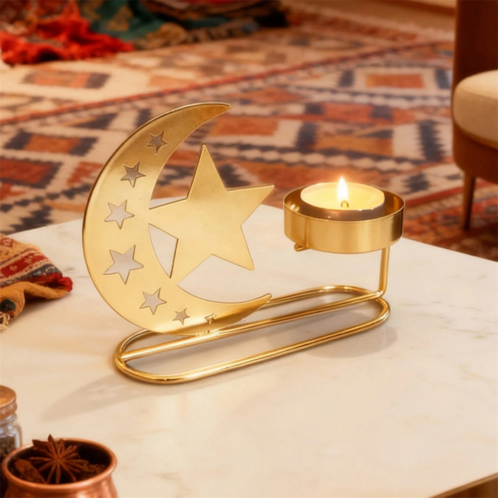 Elegant Ramadan Crescent Moon Candle Holders Set with Eid Mubarak Table Centerpiece for Home Decor and Festive Patio Display