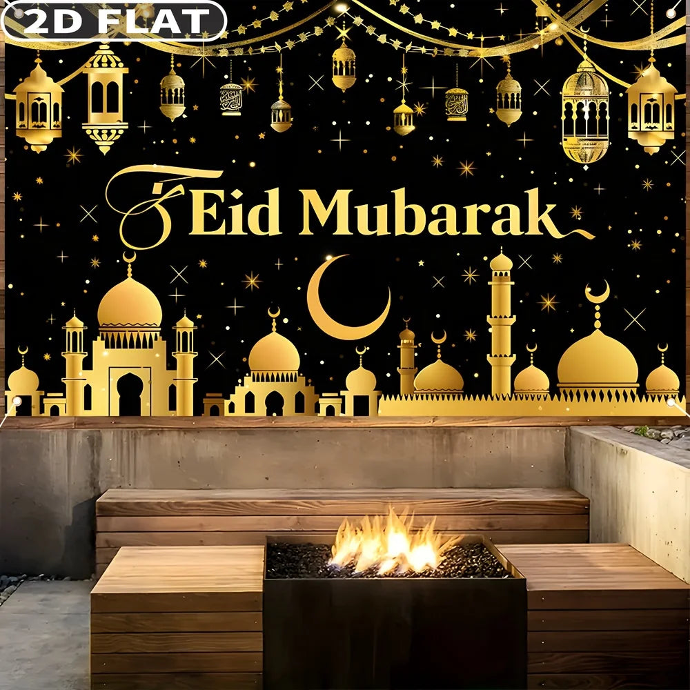 1pc Ramadan Banner Party Photo Booth Props, 70.8x43.3 Inch Polyester Material, Eid Al Fitr Party Banner Background Decor Banner