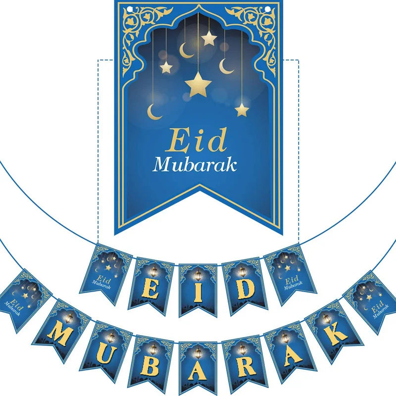 EID Mubarak Banner 2025 Decorations Ramadan Kareem Star Moon Garland Bunting Hanging Ornament Muslim Umrah Mubarak home decor