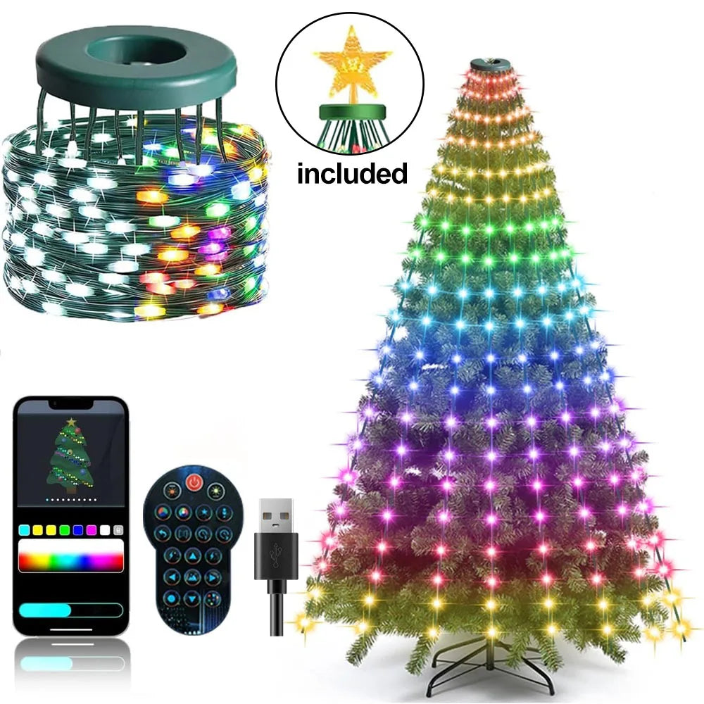 USB 1.8m/5.9ft 400LEDs Christmas Tree String Lights with Star Color Changing Indoor Decor Waterfall Lights for Party Home Decor