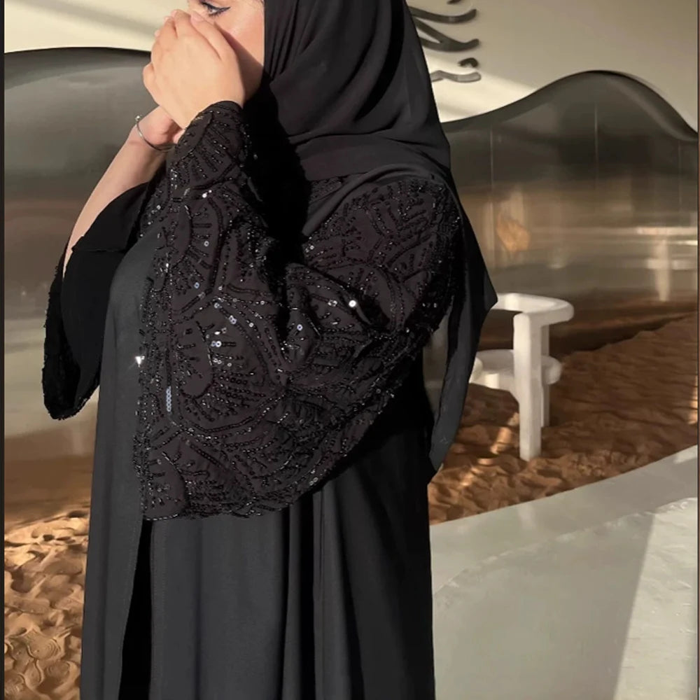 2025 Ramadan Black Beaded Abaya with Hijab – Luxury Dubai Muslim Dress