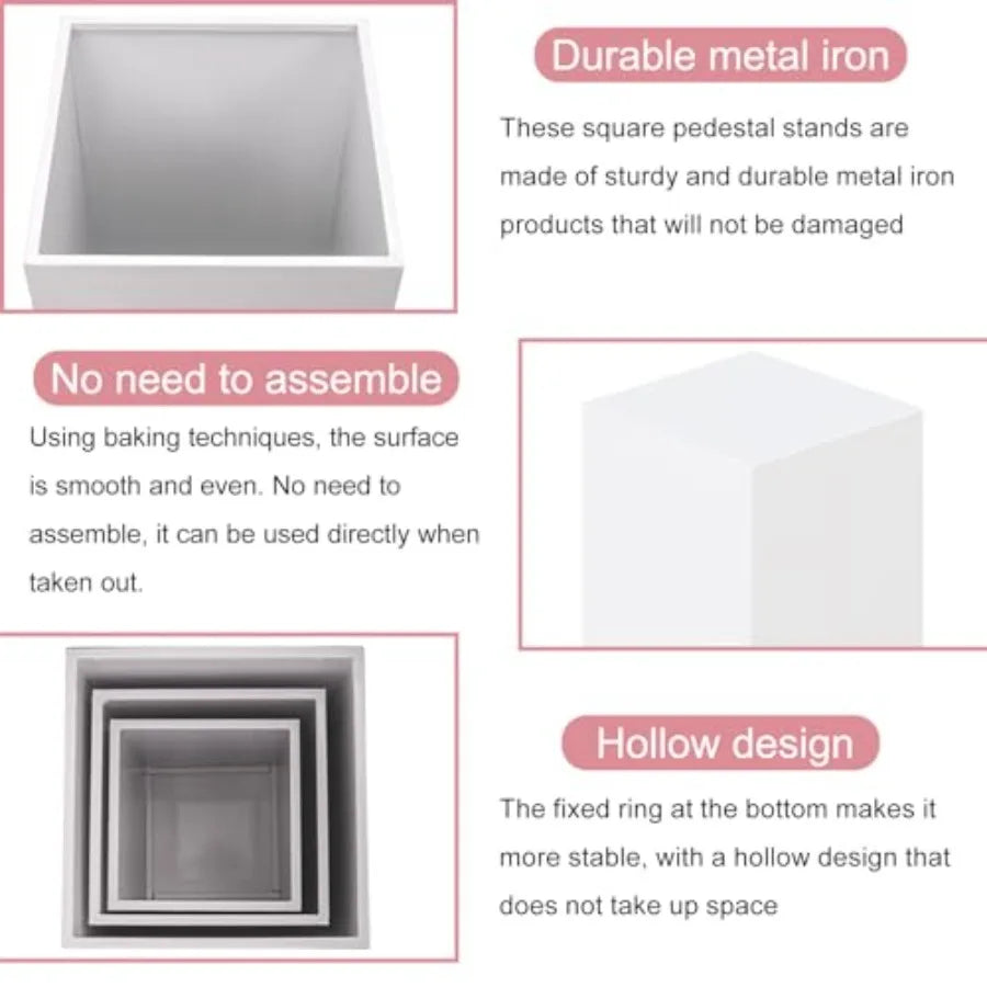 3PCS Square Pedestal Stands for Parties, White Metal Square Plinths Dessert Table Cube Display Pillars for Birthday Wedding Brid