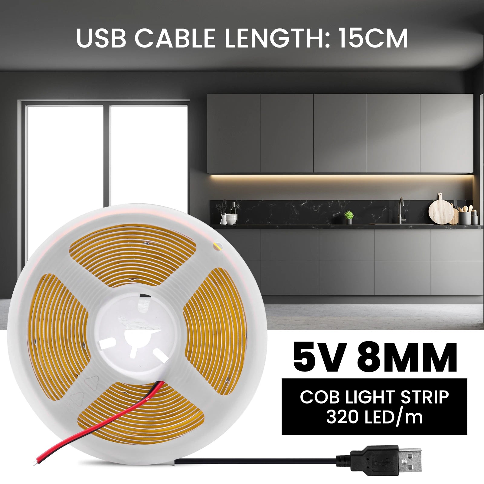 USB Dimmable COB LED Strip Light 3MM 5MM 8MM RA90 High Density 320LEDs/M 3000K 4000K 6500K FOB Flexible Ribbon Tape Rope Lamp