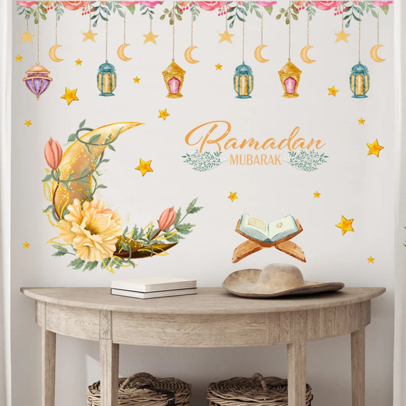 2025 Ramadan Mubarak Window Sticker EID Mubarak Moon Star Wall Stickers for Home Decoration Islamic Muslim Party Supplies Gifts