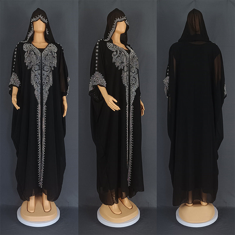 Eid Muslim Dress for Women – Hooded 2-Piece Diamond Jalabiya Kaftan