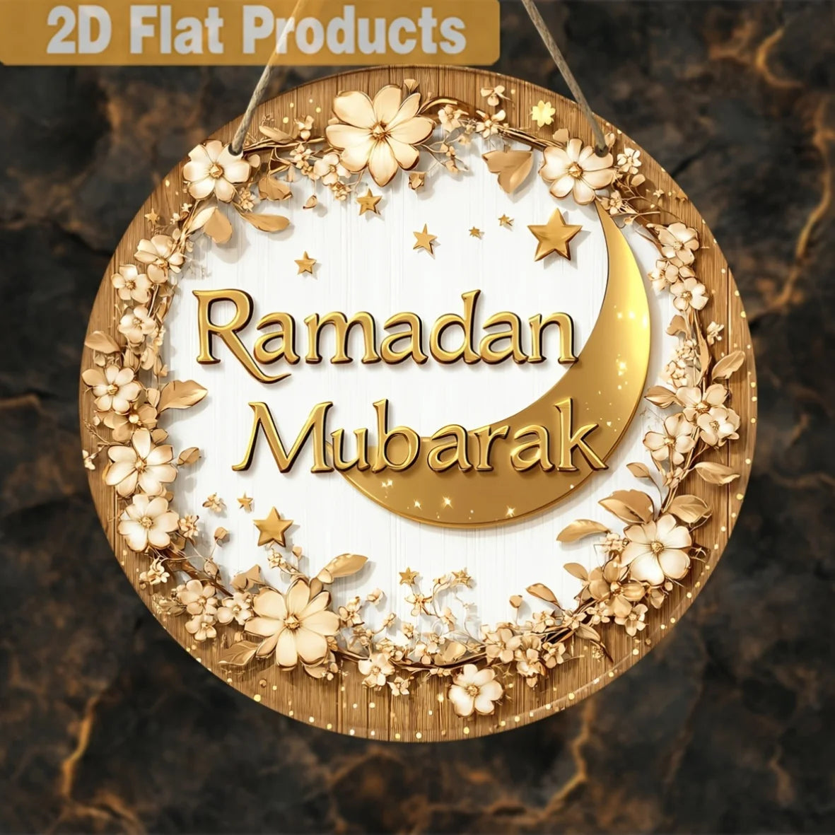 Ramadan Mubarak Hanging Sign, Gold White Crescent Moon Wall Art for Home Decor, Indoor Outdoor Islamic Decor for Eid, Por