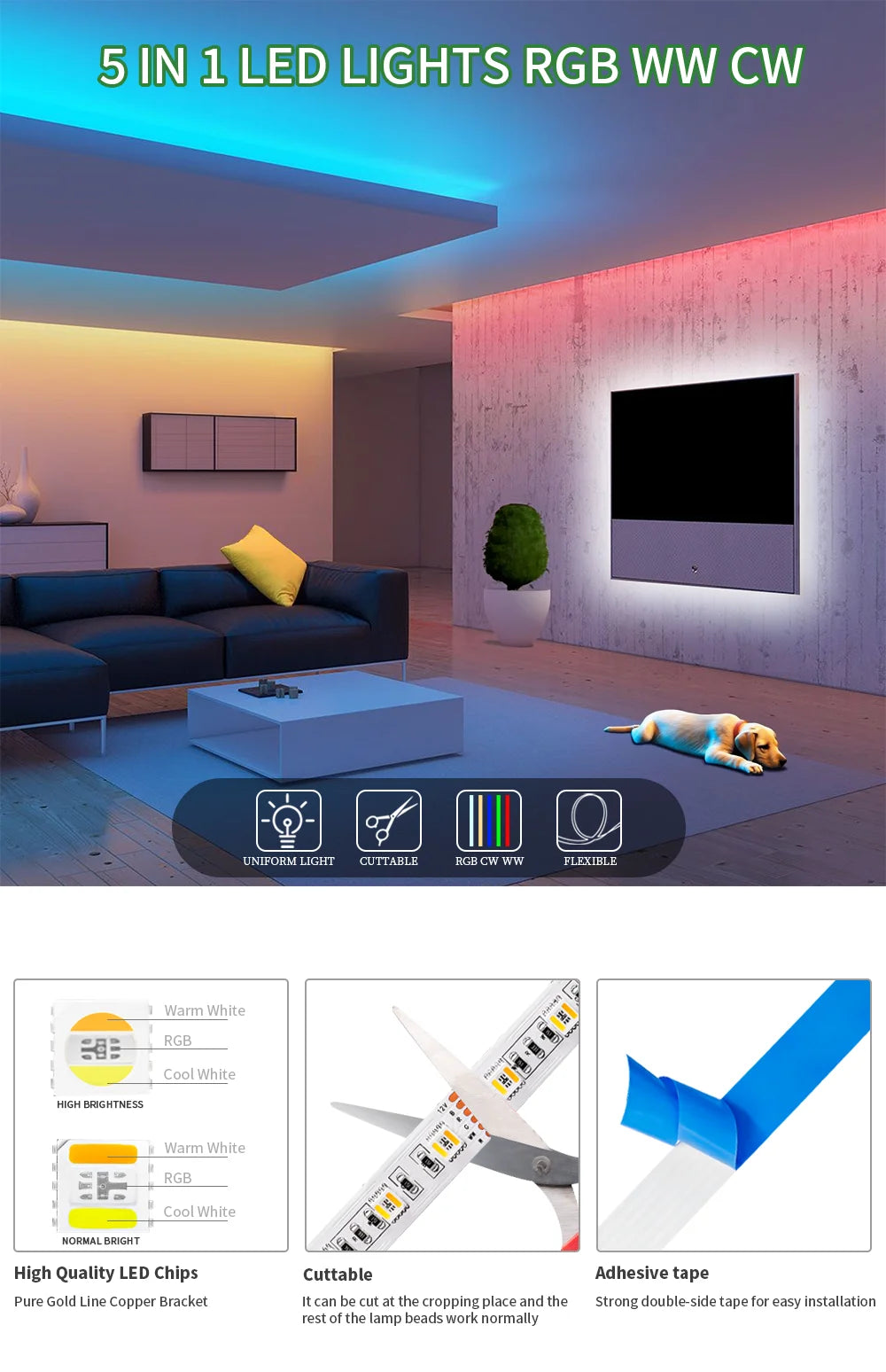 5m 5050 SMD RGBCCT 5 IN 1 LED Strip Light 60/96Leds/m RGB+CW/WW RGBWC Color Temperature High Brightness Lamp Tape DC12V/24V