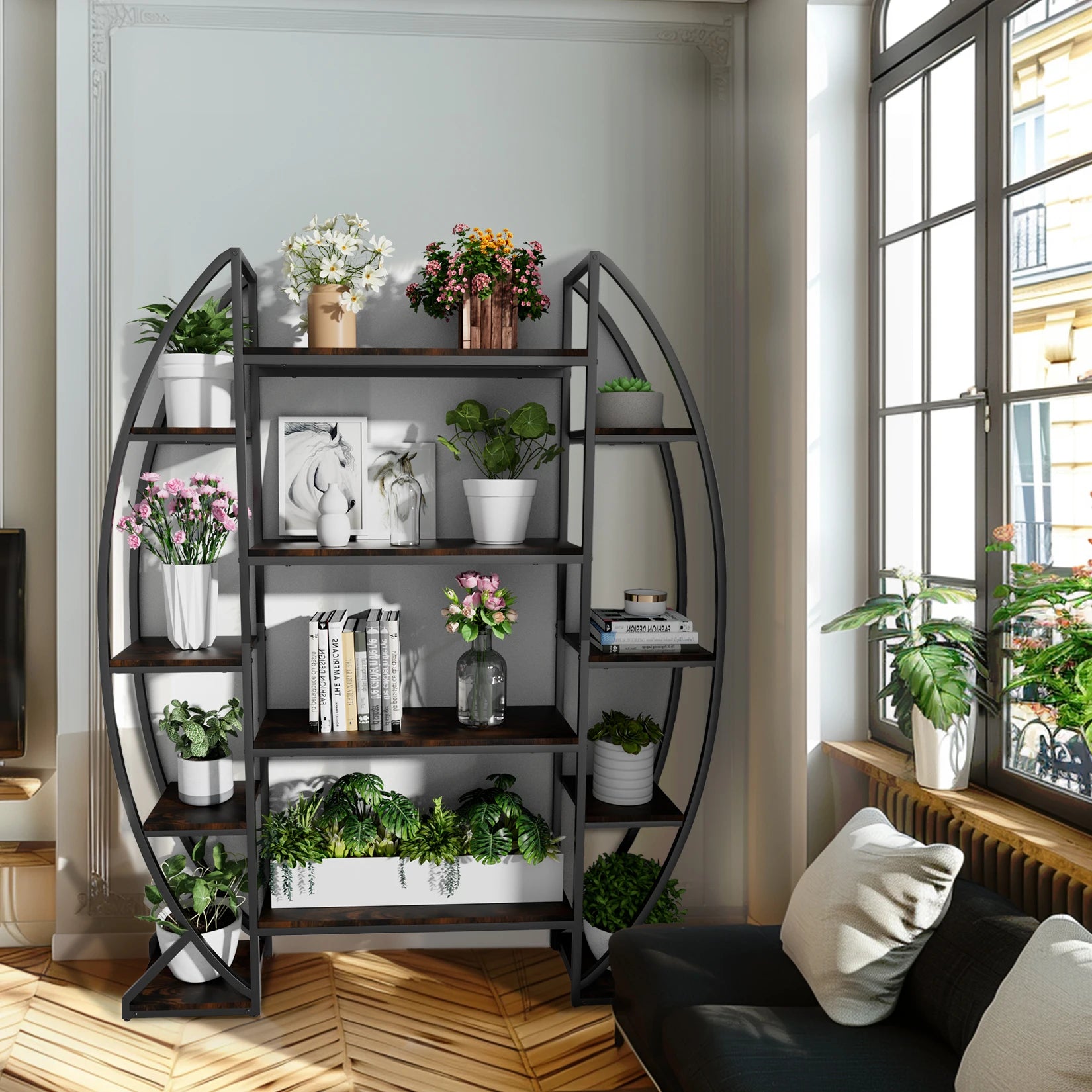 Half-Moon Shape Plant Stand Industrial Bookshelf Storage Shelf Multilayer Garden Flower Rack