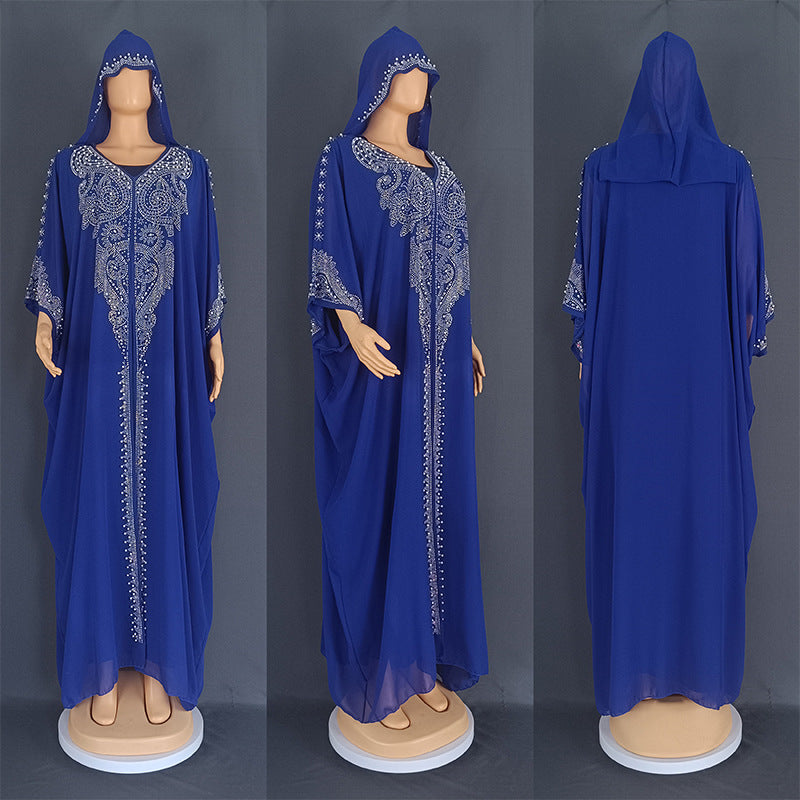 Eid Muslim Dress for Women – Hooded 2-Piece Diamond Jalabiya Kaftan