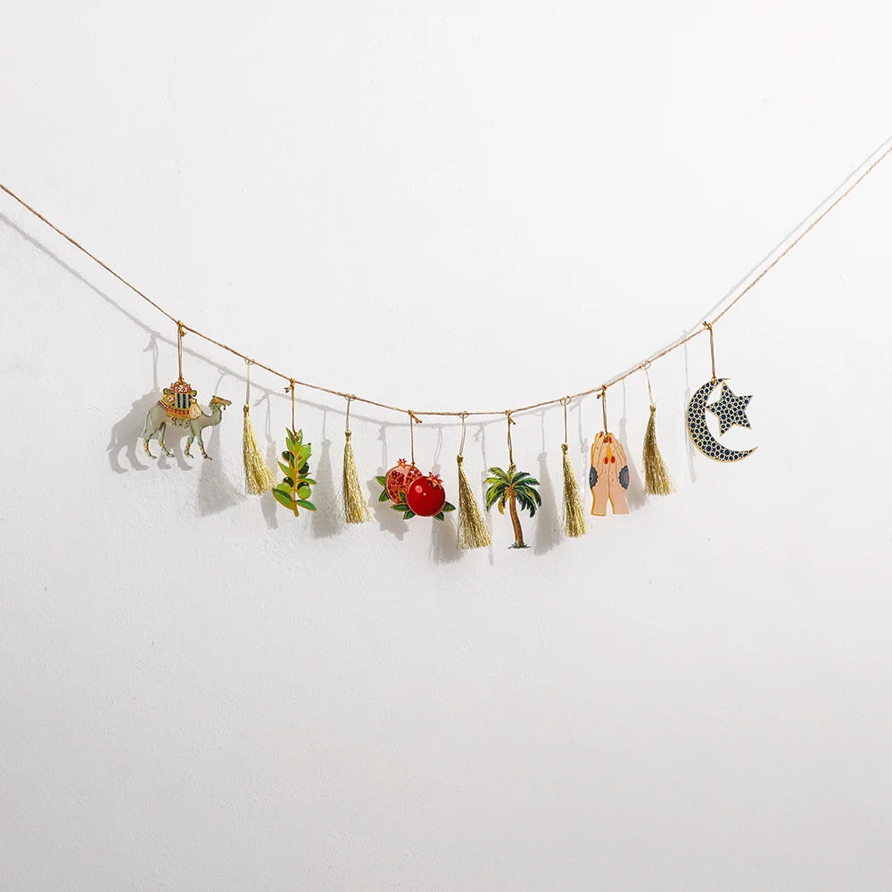 Ramadan Kareem Hanging Garland Islamic Camel Pomegranate Palm Moon Star Decor for Muslim Festival Home Party Wall Ornament Gifts
