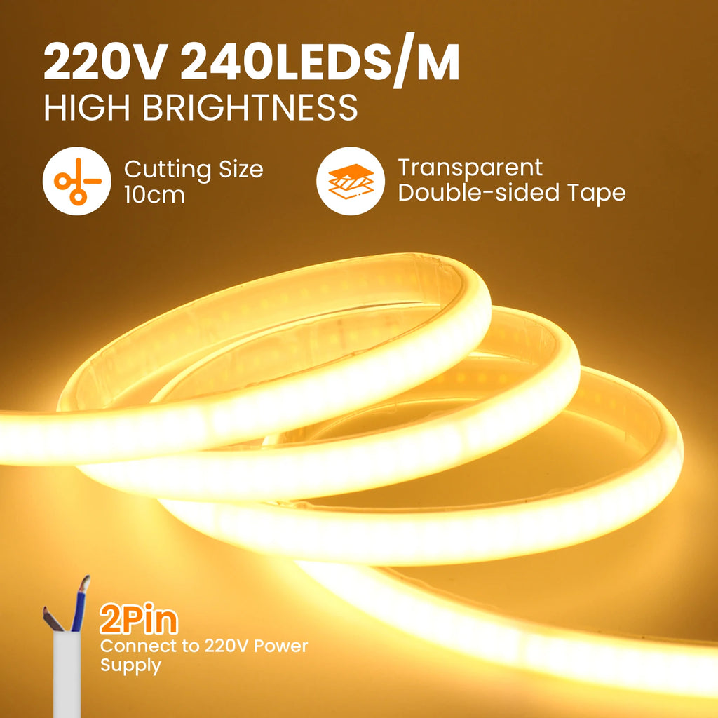 IP65 COB Self-adhesive Tape LED Neon Light Strips AC 230V RA90 Waterproof Outdoor Garden FOB Ribbon Lamp 2Pin Wire/EU Power Plug