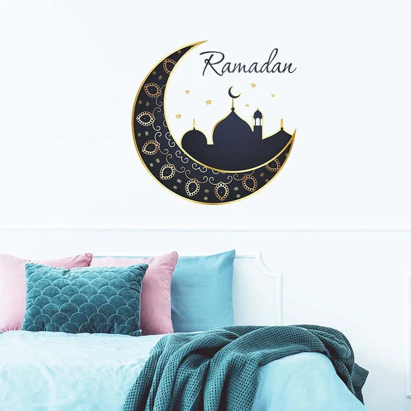Ramadan Kareem Wall Stickers Moon Star Lantern Wall Decal 2024 Eid Mubarak Decorations for Home Muslim Islamic Party Decorations