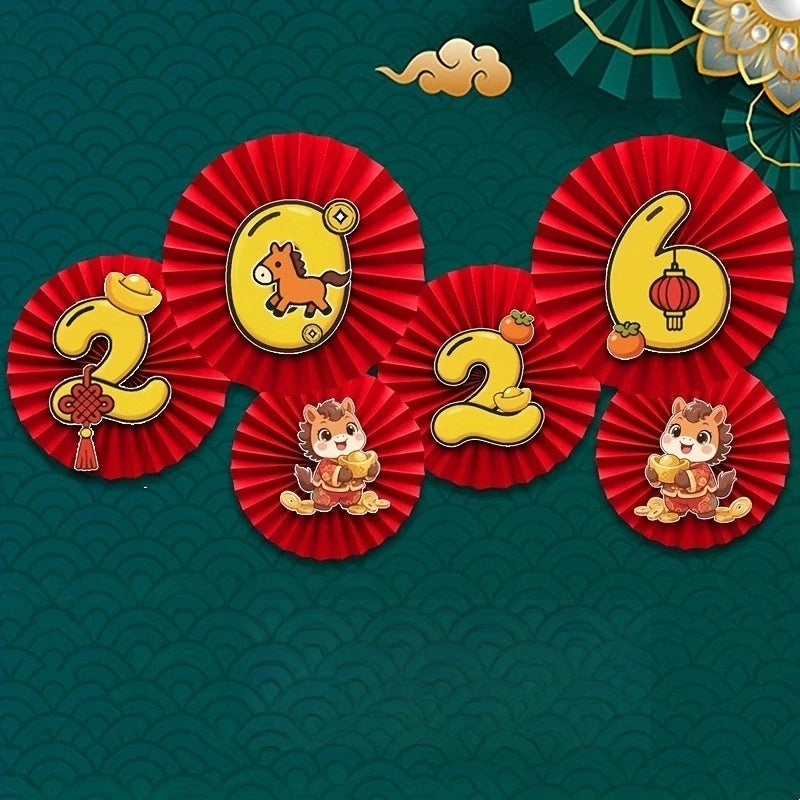 6pcs 11.42inch,9.84inch,7.48inch New Year Red&Golden Paper Fans-Traditional Decoration with Dragon,Phoenix,Lanterns-Wall Hanging