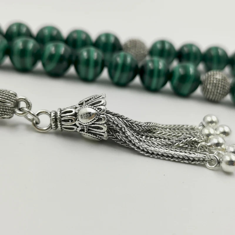 Luxurious Tasbih 100% Natural Green Malachite Grade AAAAA with 925 Sterling Slivers Teaasel islamic rosary Muslim Eid adha gift