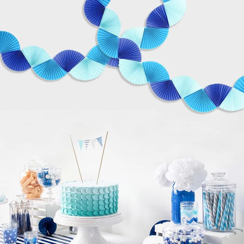 Blue Paper 3D Fans Flower Garland Hanging Flower Banner Wall Decoration for Wedding Birthday Baby Shower Party Streamer Decor